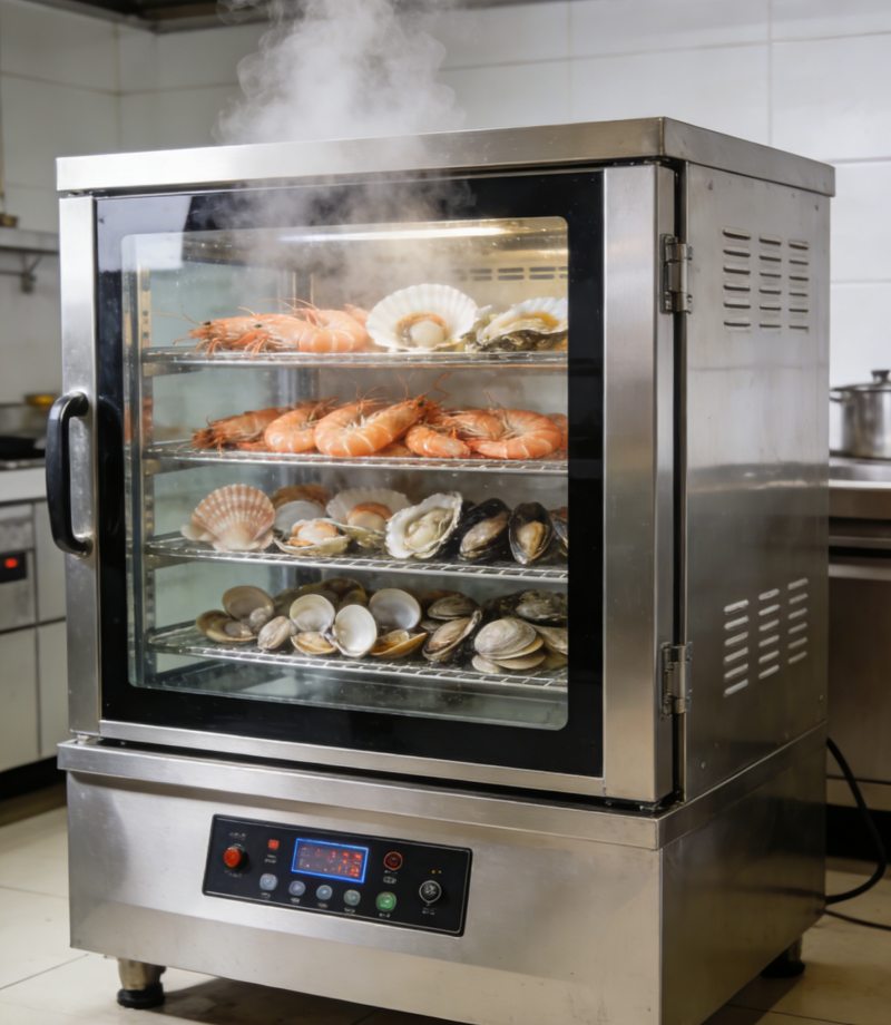 海鲜蒸柜、蒸饭柜、万能蒸烤箱实景图生成需求.png